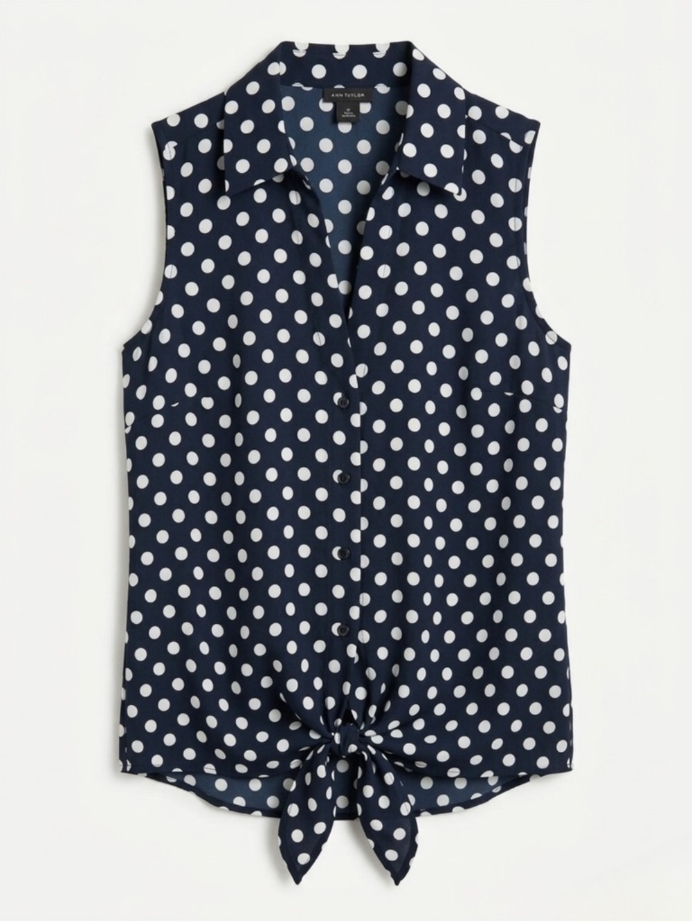 Ann Taylor Navy Blue Polka‎ Dot Tie-Front Sleeveless Blouse - Size XSP